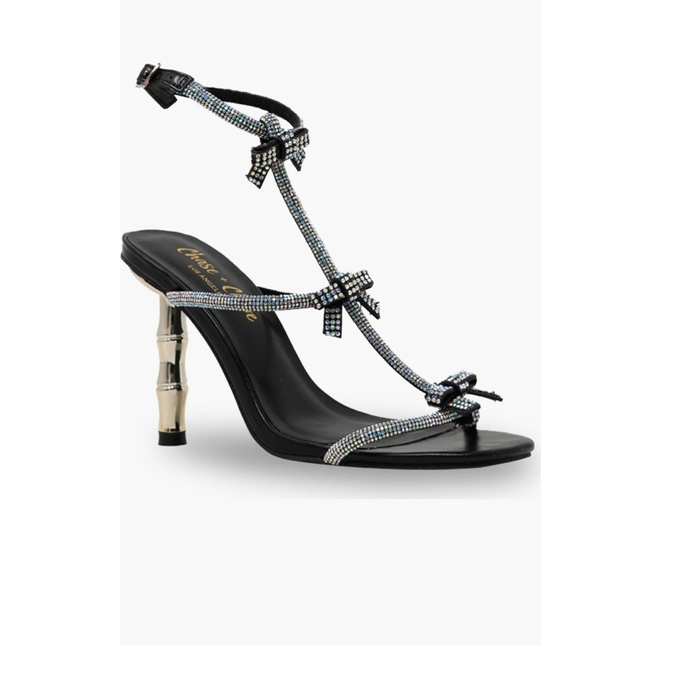 Chase And Chloe Rhinestone Strap Sandal In Black 6.5